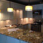 Under cabinet lighting and pendant lights.